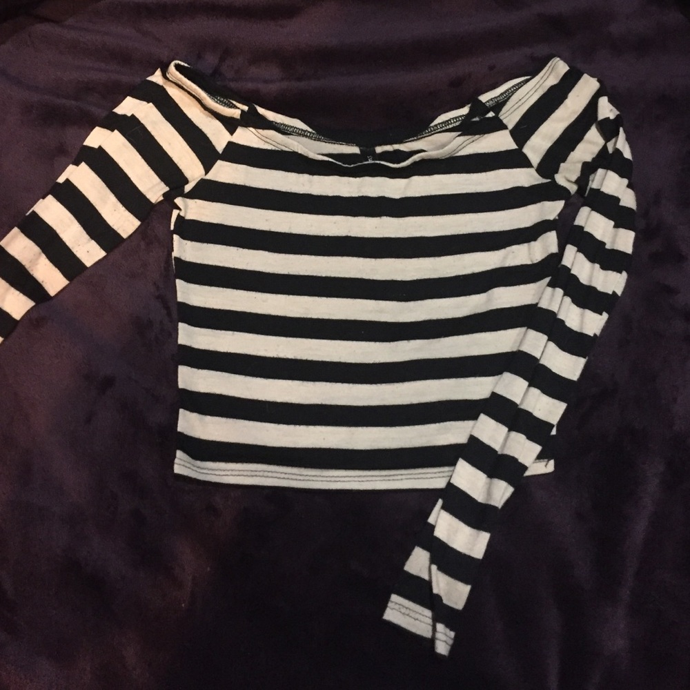 Beige and Black XS Striped Long Sleeve Crop Top